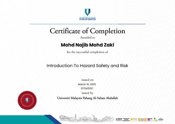 UMPSA Certificate of Hazard Safety & Risk