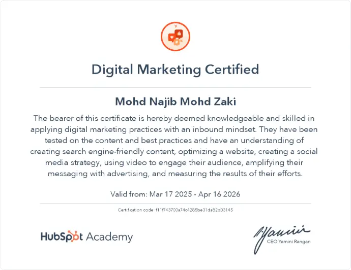 Hubspot Certified of Digital Marketing